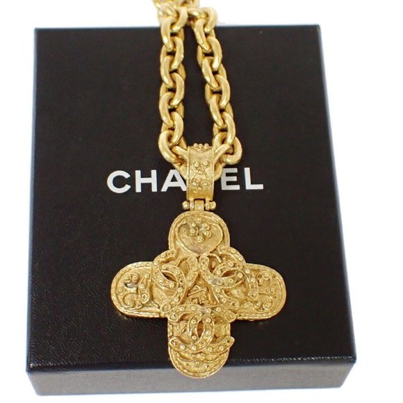 CHANEL Tripe CC Chain Long Pendant Necklace 94A Gold Accessory Vinatge - Picture 1 of 8